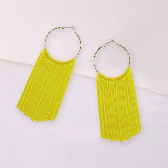 Bright Yellow Fringe Boho Tassel Hoops Gold Hoops Statement Hoop Earrings - Picture 2 of 4